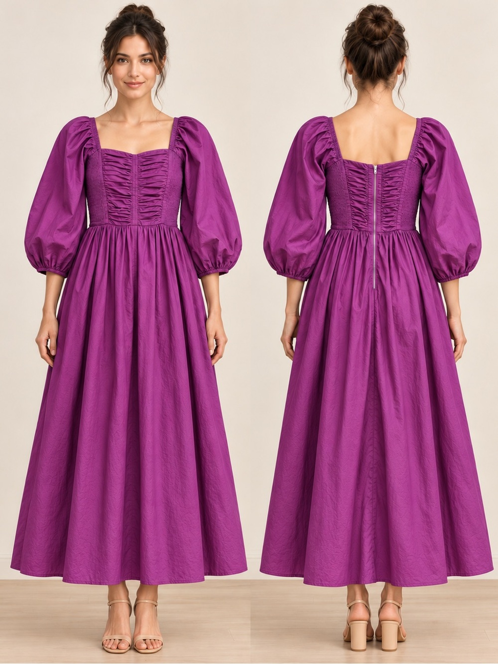 Banjanan Purple Puff Sleeve Smocked Bodice Maxi Dress Square Neck XS